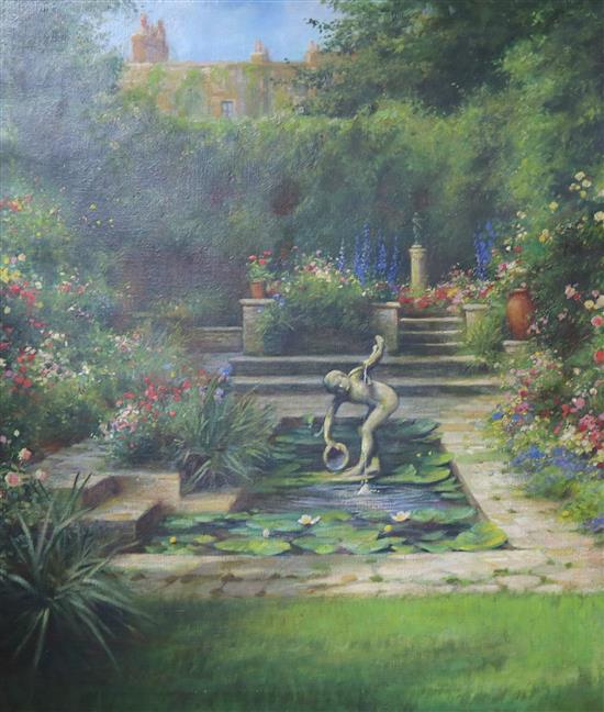 Leonard Carr Cox (fl. 1900-1909), oil on canvas, lily pond in a garden, signed, 60 x 50cm